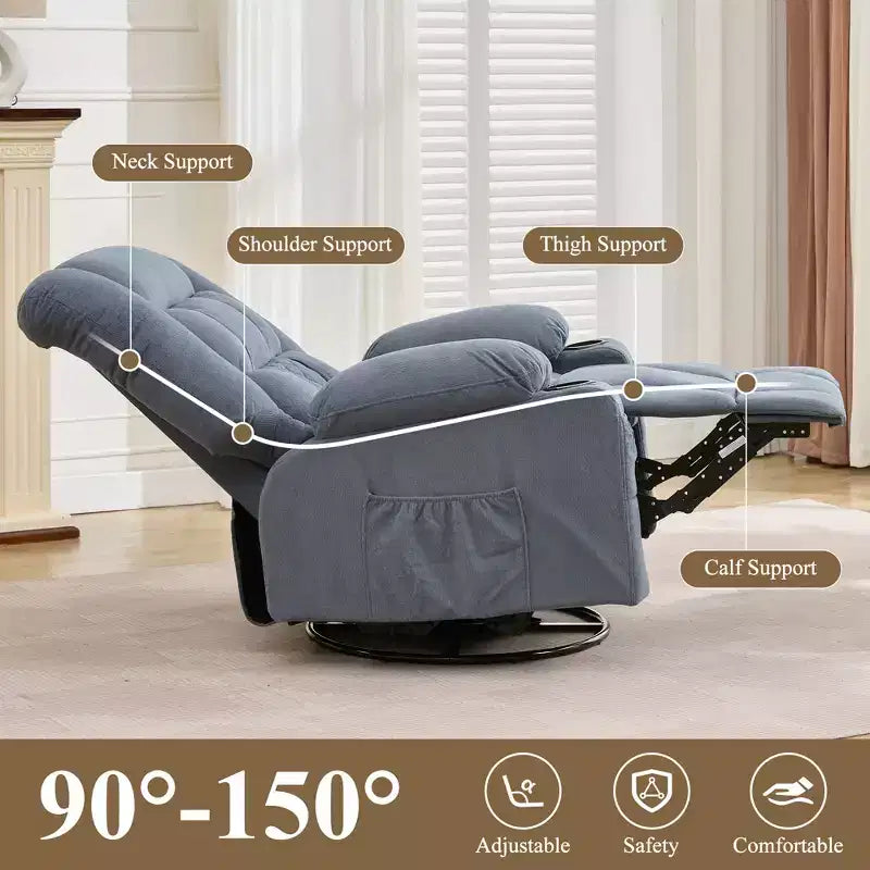 Fauteuil inclinable à bascule avec massage par pétrissage 3D à 4 points, fonctions chauffantes, ainsi que deux porte-gobelets et un port de chargement USB.