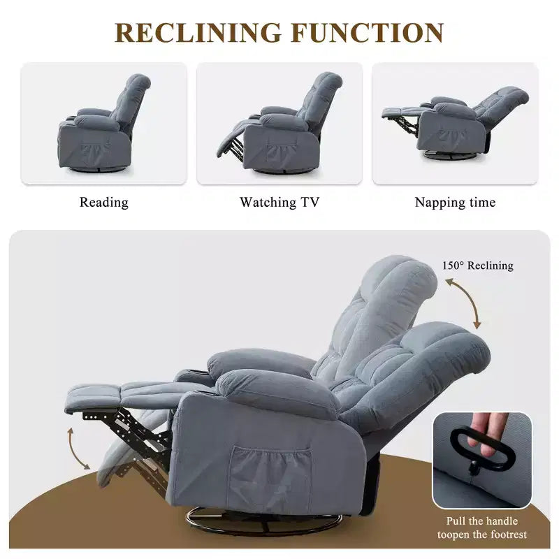 Fauteuil inclinable à bascule avec massage par pétrissage 3D à 4 points, fonctions chauffantes, ainsi que deux porte-gobelets et un port de chargement USB.