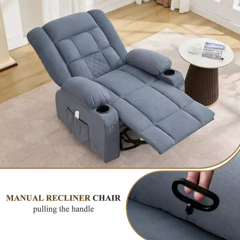 Fauteuil inclinable à bascule avec massage par pétrissage 3D à 4 points, fonctions chauffantes, ainsi que deux porte-gobelets et un port de chargement USB.