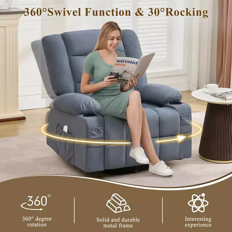 Fauteuil inclinable à bascule avec massage par pétrissage 3D à 4 points, fonctions chauffantes, ainsi que deux porte-gobelets et un port de chargement USB.