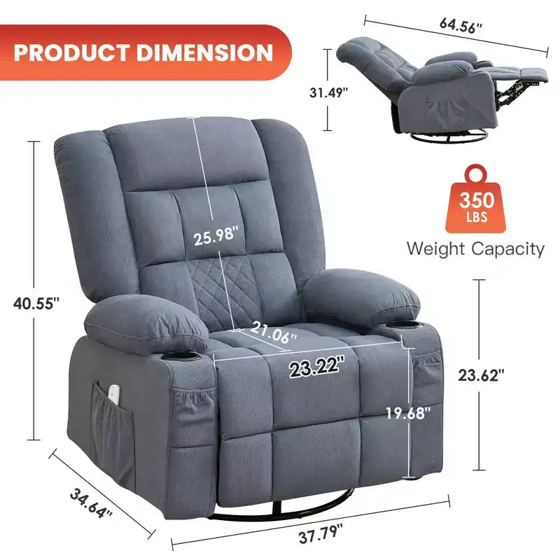 Fauteuil inclinable à bascule avec massage par pétrissage 3D à 4 points, fonctions chauffantes, ainsi que deux porte-gobelets et un port de chargement USB.