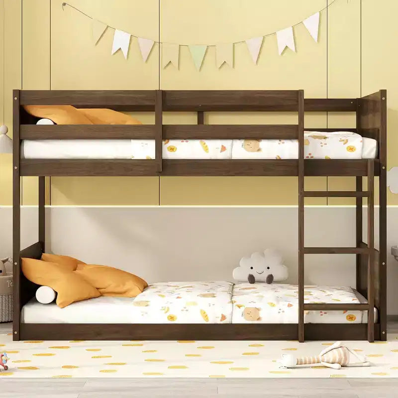 Lit superposé jumeau sur jumeau avec tête et pied de lit à panneaux, cadre de lit en bois d'hévéa avec barrière de sécurité, échelle pour enfants et adolescents