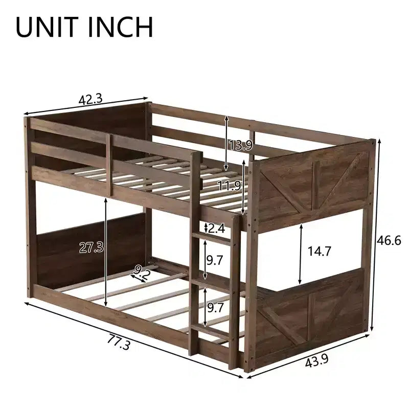 Lit superposé jumeau sur jumeau avec tête et pied de lit à panneaux, cadre de lit en bois d'hévéa avec barrière de sécurité, échelle pour enfants et adolescents