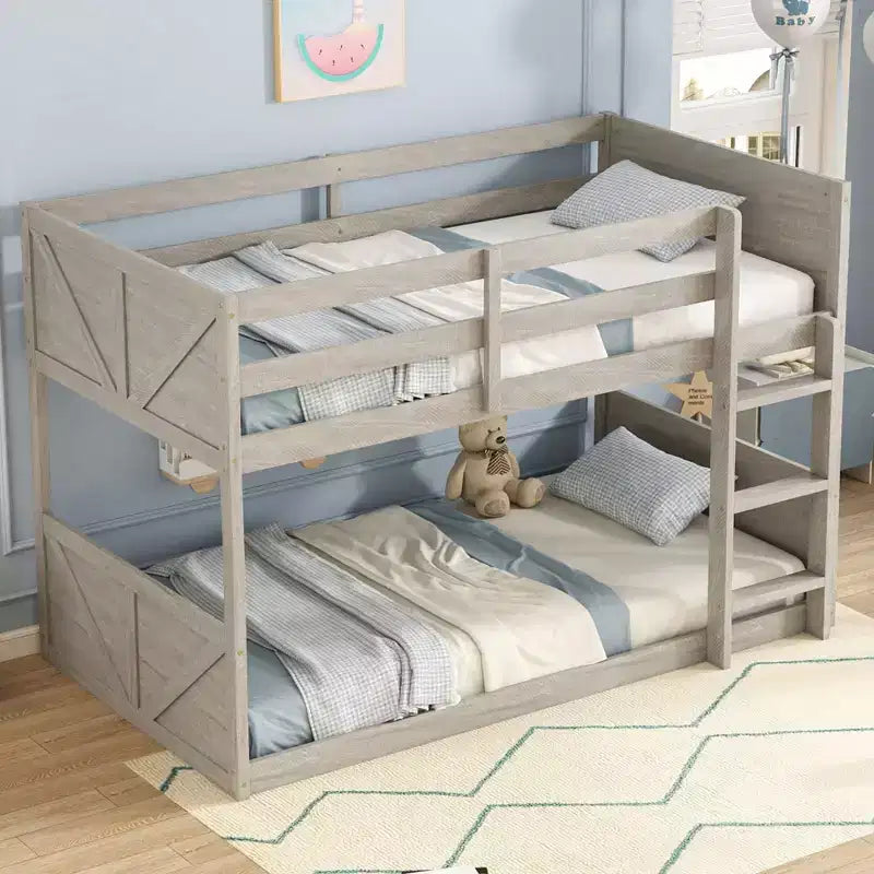 Lit superposé jumeau sur jumeau avec tête et pied de lit à panneaux, cadre de lit en bois d'hévéa avec barrière de sécurité, échelle pour enfants et adolescents