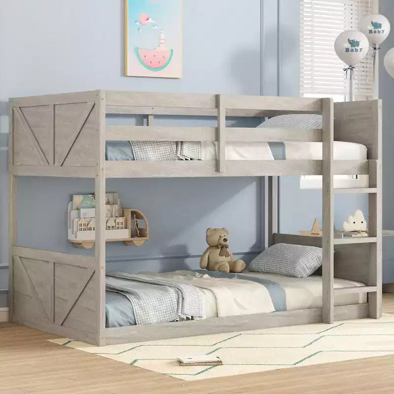 TUYOHW Twin Over Twin Floor Bunk Bed with Panelled Headboard and Footboard,Rubber Wood Bed Frame with Guardrail,Ladder for Kids Teens