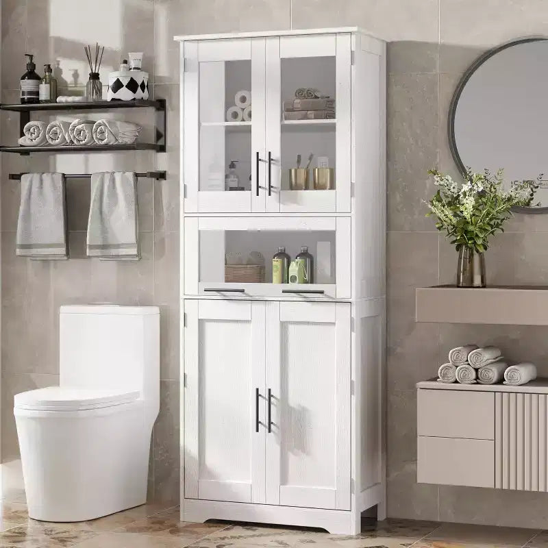 Tall Bathroom Cabinet, 67 in Storage Cabinet with Glass Doors ,Adjustable Shelf, Freestanding Cupboard for Small Spaces, Laundry, Living Room,White
