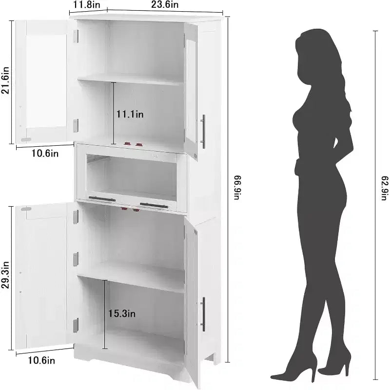 Meuble haut de salle de bain, Armoire de rangement de 170 cm avec portes vitrées, Étagère réglable, Meuble autoportant pour petits espaces, buanderie, salon, blanc