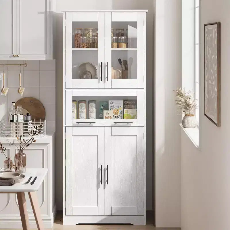 Meuble haut de salle de bain, Armoire de rangement de 170 cm avec portes vitrées, Étagère réglable, Meuble autoportant pour petits espaces, buanderie, salon, blanc