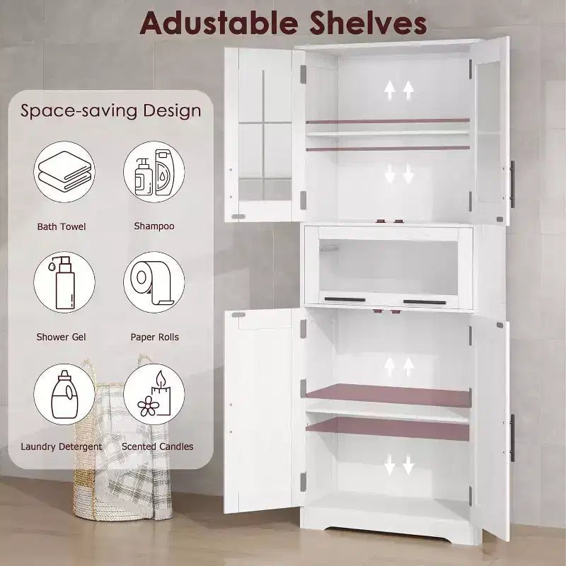 Meuble haut de salle de bain, Armoire de rangement de 170 cm avec portes vitrées, Étagère réglable, Meuble autoportant pour petits espaces, buanderie, salon, blanc