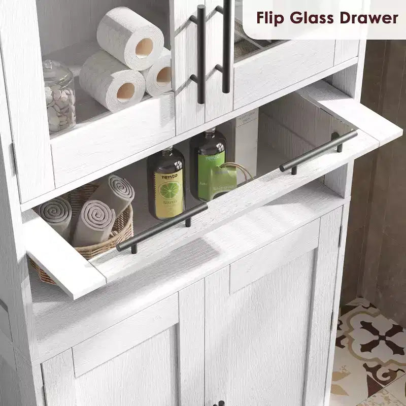 Meuble haut de salle de bain, Armoire de rangement de 170 cm avec portes vitrées, Étagère réglable, Meuble autoportant pour petits espaces, buanderie, salon, blanc