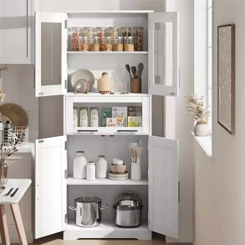Meuble haut de salle de bain, Armoire de rangement de 170 cm avec portes vitrées, Étagère réglable, Meuble autoportant pour petits espaces, buanderie, salon, blanc