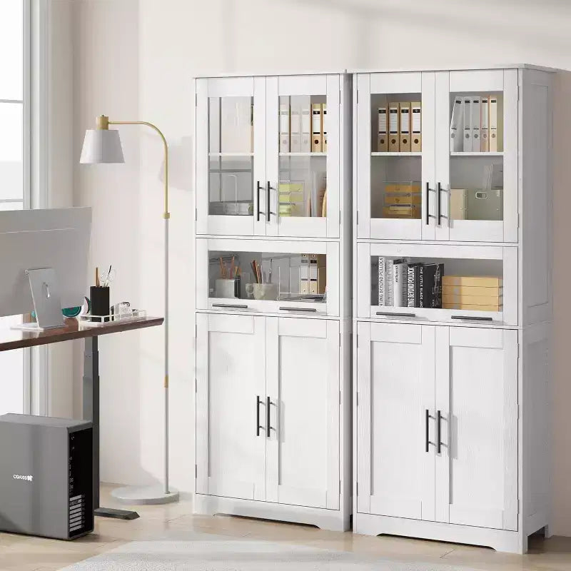 Meuble haut de salle de bain, Armoire de rangement de 170 cm avec portes vitrées, Étagère réglable, Meuble autoportant pour petits espaces, buanderie, salon, blanc