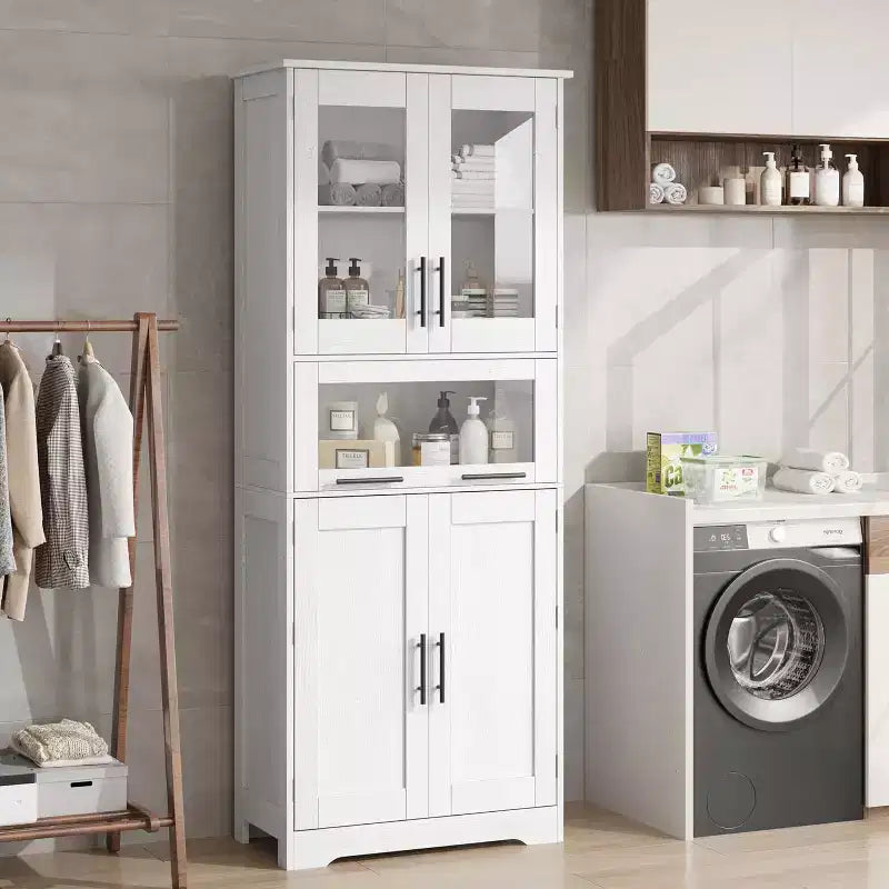 Meuble haut de salle de bain, Armoire de rangement de 170 cm avec portes vitrées, Étagère réglable, Meuble autoportant pour petits espaces, buanderie, salon, blanc