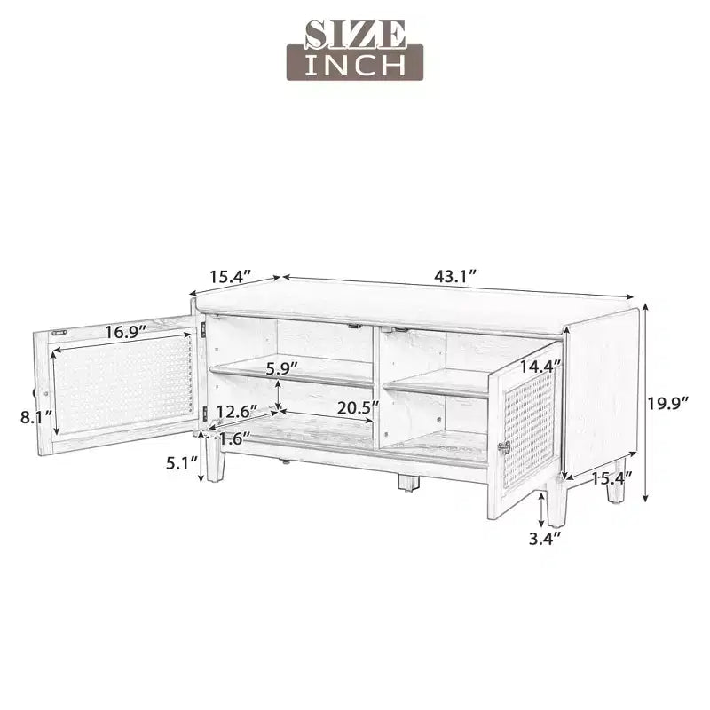 Banc à chaussures moderne avec portes en rotin et siège rembourré doux, banc à chaussures en bois d'appoint pour entrée, couloir