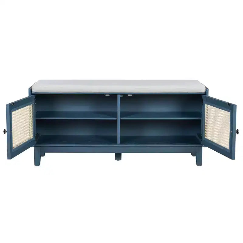 Banc à chaussures moderne avec portes en rotin et siège rembourré doux, banc à chaussures en bois d'appoint pour entrée, couloir