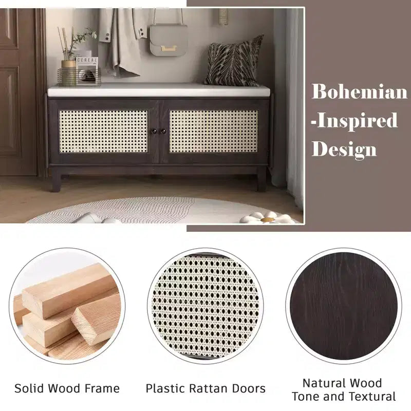 Banc à chaussures moderne avec portes en rotin et siège rembourré doux, banc à chaussures en bois d'appoint pour entrée, couloir
