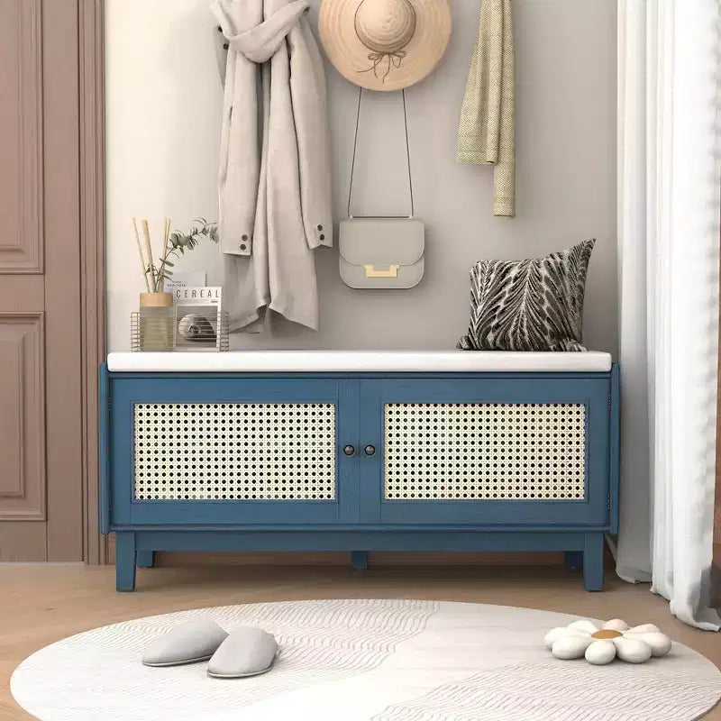 Okak Modern Shoe Storage Bench with Rattan Doors & Soft Cushioned Seat,Accent Wooden Shoe Bench for Entryway,Hallway