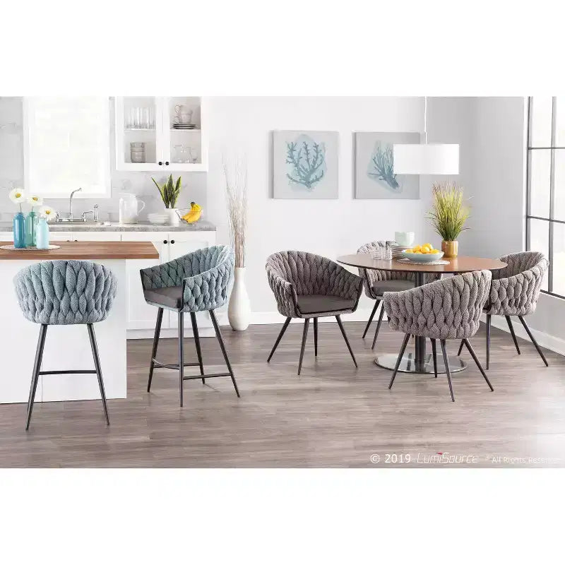 Tabouret de bar moderne en similicuir tressé (bleu) — Cadre en métal, hauteur d'assise fixe (26 pouces)