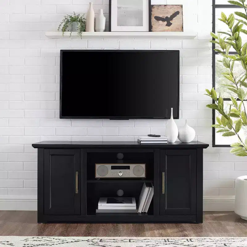 Meuble TV bas (noir, convient aux téléviseurs jusqu'à 60 pouces) — style ferme, gestion des câbles, étagères réglables