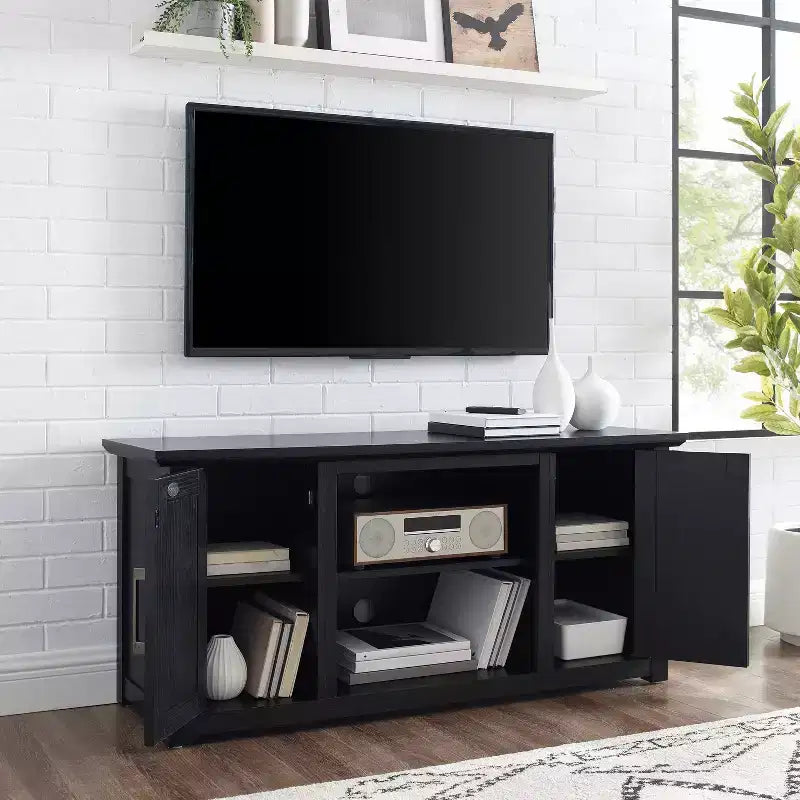 Meuble TV bas (noir, convient aux téléviseurs jusqu'à 60 pouces) — style ferme, gestion des câbles, étagères réglables