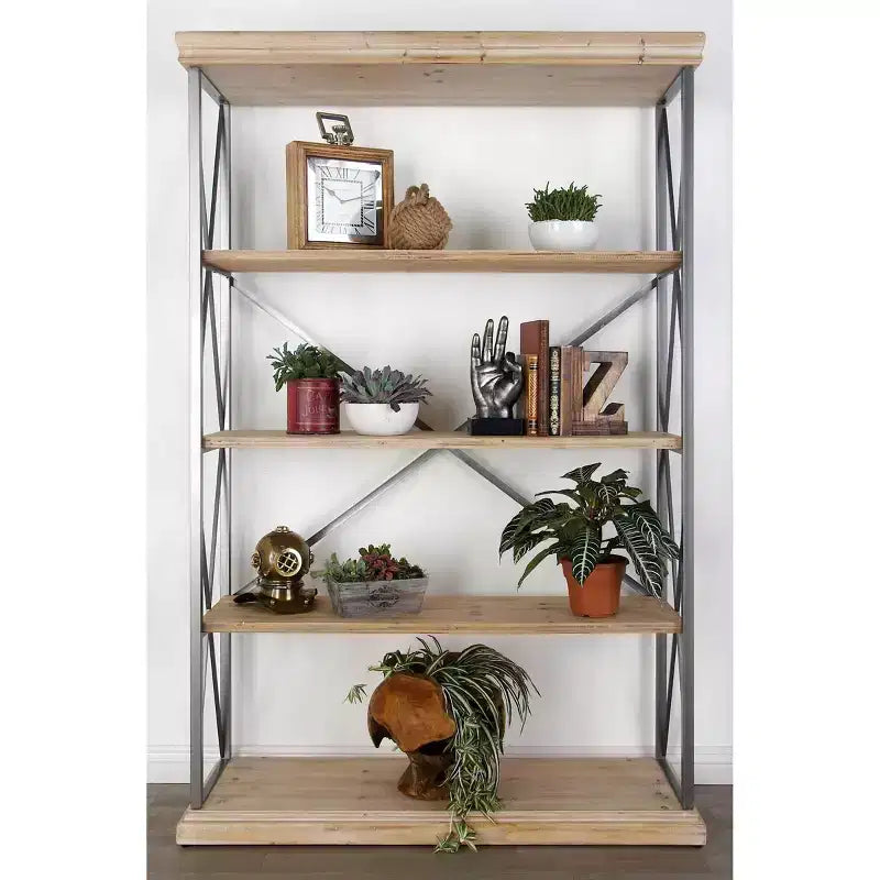 Étagère de style campagnard brun de 72 pouces à 4 niveaux – Bibliothèque industrielle en bois massif (avec bacs de rangement)