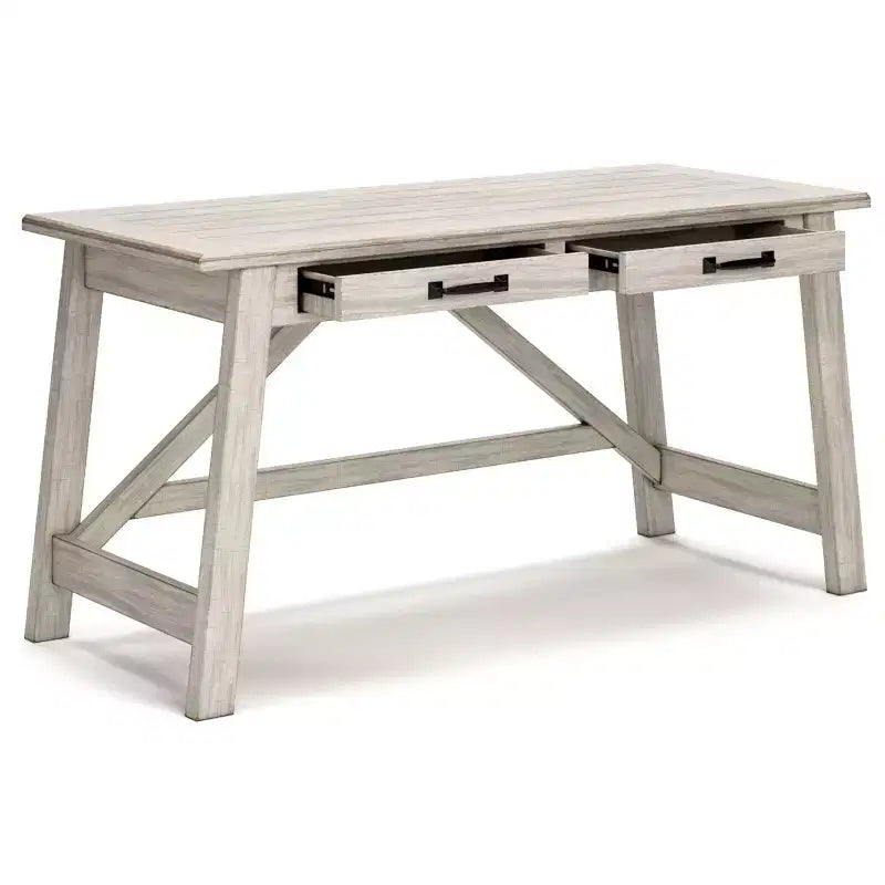 Bureau de télétravail de 152 cm (blanc) avec finition vieillie et ferrures métalliques