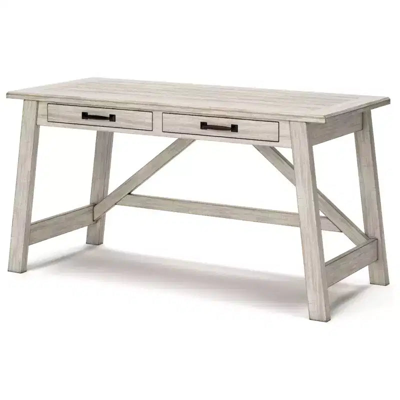 Bureau de télétravail de 152 cm (blanc) avec finition vieillie et ferrures métalliques