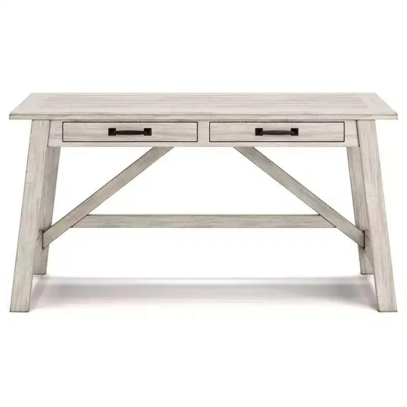 Bureau de télétravail de 152 cm (blanc) avec finition vieillie et ferrures métalliques