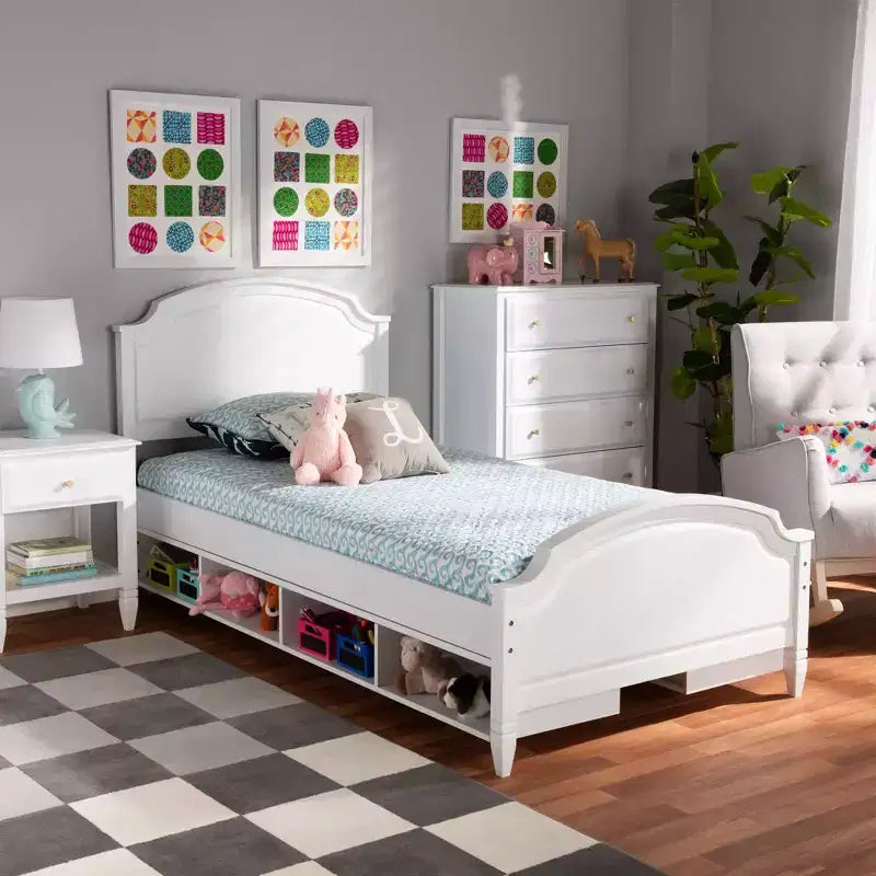 Lit plateforme en bois avec rangement blanc