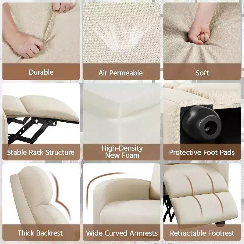 Fauteuil inclinable ajustable en tissu avec ressorts ensachés pour salon