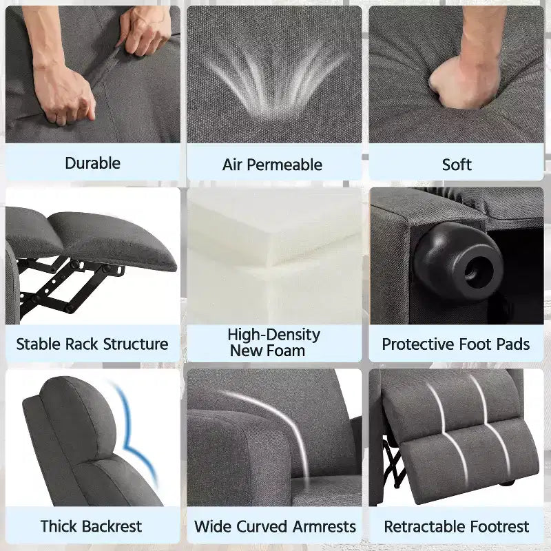 Fauteuil inclinable ajustable en tissu avec ressorts ensachés pour salon