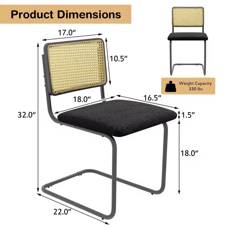 Chaise de salle à manger capitonnée en rotin (avec dossier en rotin et piètement en métal)