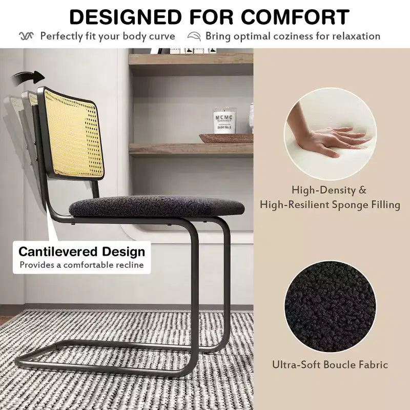 Chaise de salle à manger capitonnée en rotin (avec dossier en rotin et piètement en métal)